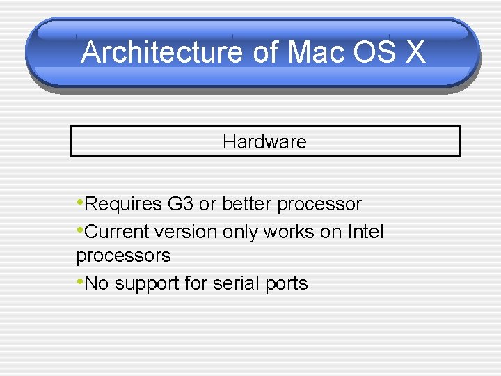 Architecture of Mac OS X Hardware • Requires G 3 or better processor •