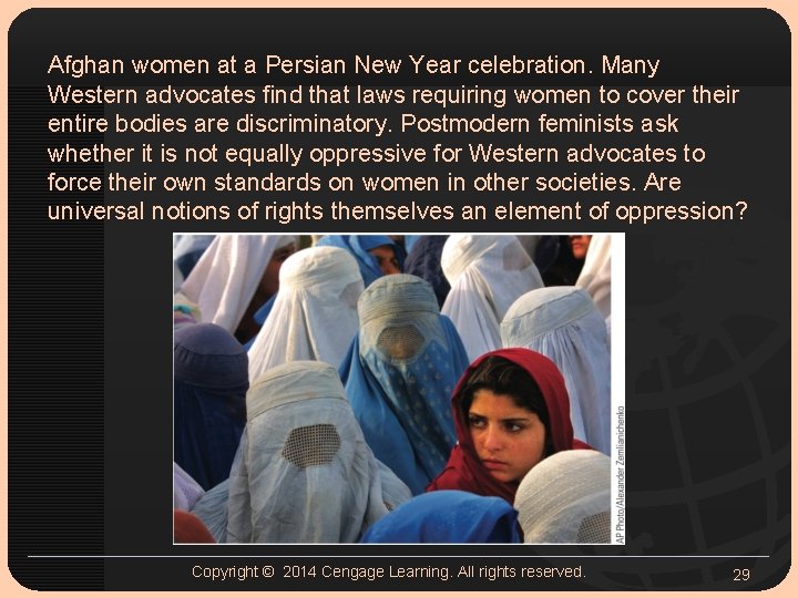 Afghan women at a Persian New Year celebration. Many Western advocates find that laws