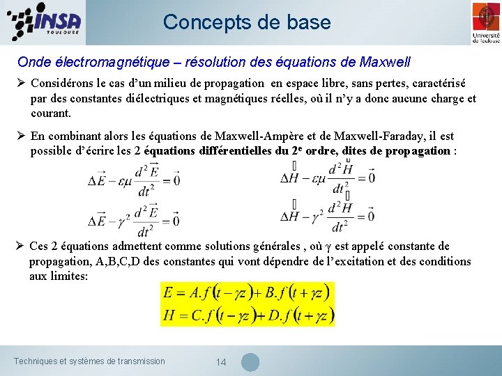 Concepts de base Onde électromagnétique – résolution des équations de Maxwell Ø Considérons le