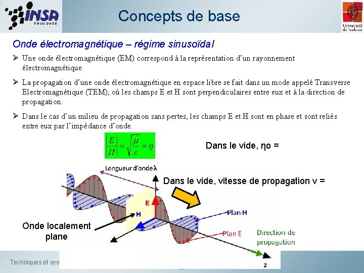 Concepts de base Onde électromagnétique – régime sinusoïdal Ø Une onde électromagnétique (EM) correspond