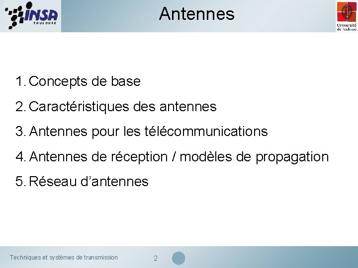 Antennes 1. Concepts de base 2. Caractéristiques des antennes 3. Antennes pour les télécommunications