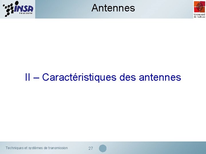 Antennes II – Caractéristiques des antennes Techniques et systèmes de transmission 27 