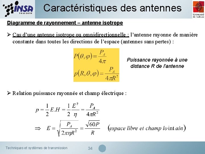 Caractéristiques des antennes Diagramme de rayonnement – antenne isotrope Ø Cas d’une antenne isotrope