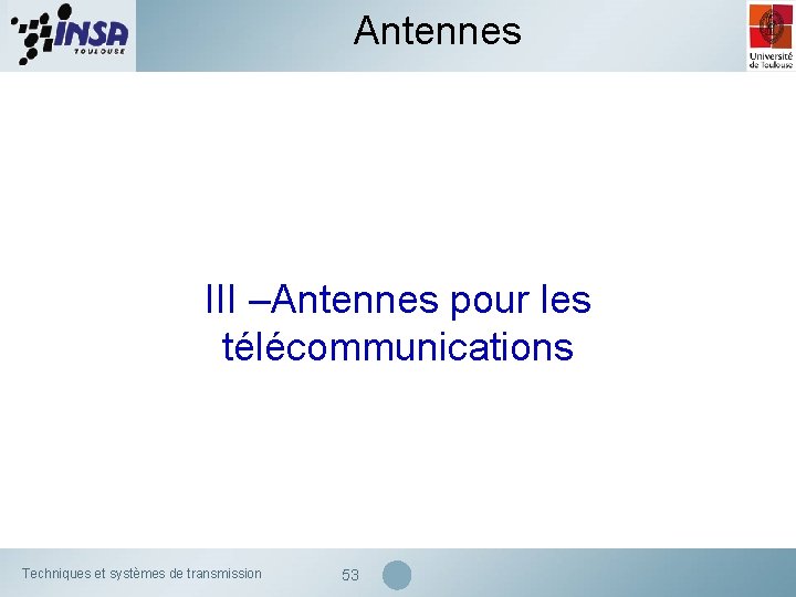 Antennes III –Antennes pour les télécommunications Techniques et systèmes de transmission 53 