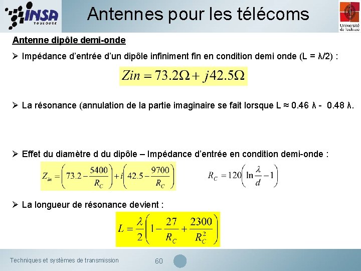 Antennes pour les télécoms Antenne dipôle demi-onde Ø Impédance d’entrée d’un dipôle infiniment fin