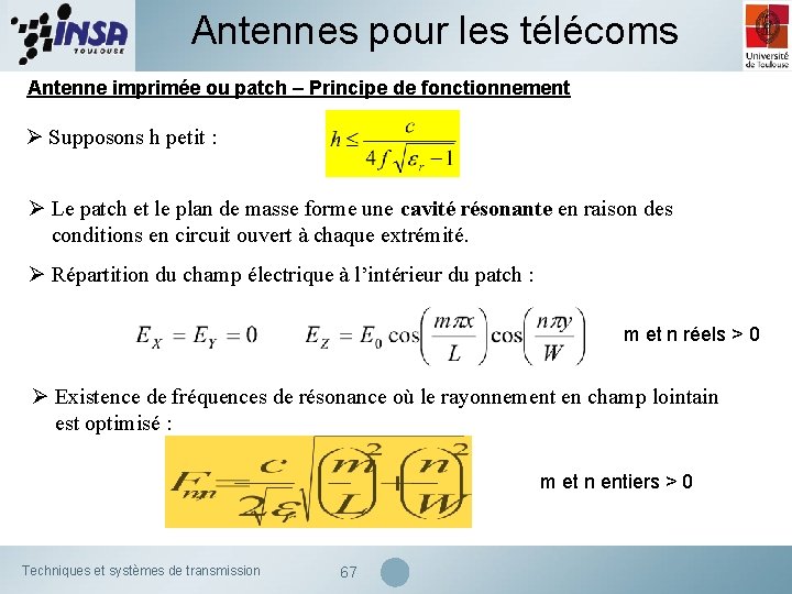 Antennes pour les télécoms Antenne imprimée ou patch – Principe de fonctionnement Ø Supposons