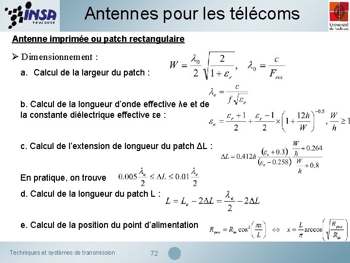 Antennes pour les télécoms Antenne imprimée ou patch rectangulaire Ø Dimensionnement : a. Calcul