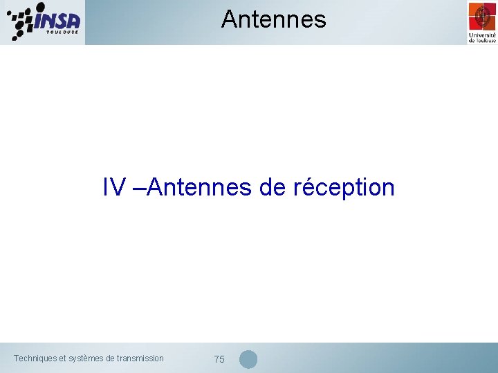 Antennes IV –Antennes de réception Techniques et systèmes de transmission 75 