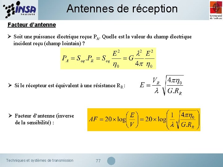 Antennes de réception Facteur d’antenne Ø Soit une puissance électrique reçue PA. Quelle est