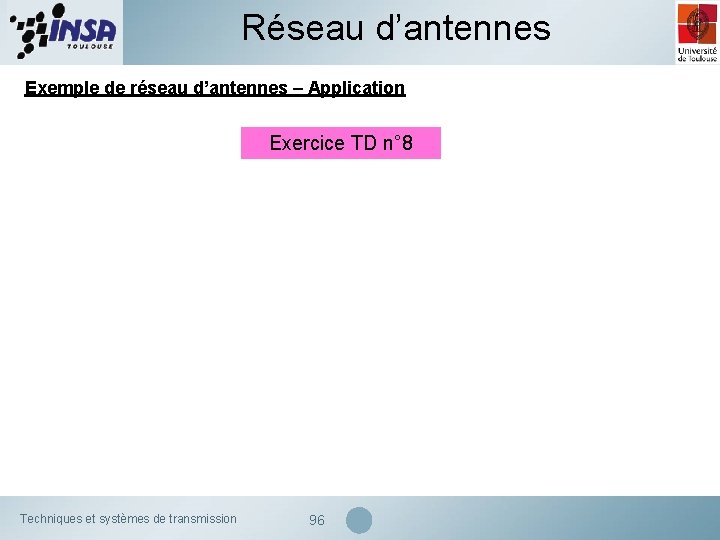 Réseau d’antennes Exemple de réseau d’antennes – Application Exercice TD n° 8 Techniques et