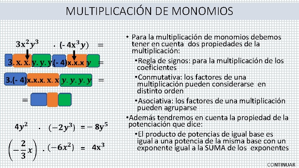 MULTIPLICACIÓN DE MONOMIOS. . . = = • Para la multiplicación de monomios debemos