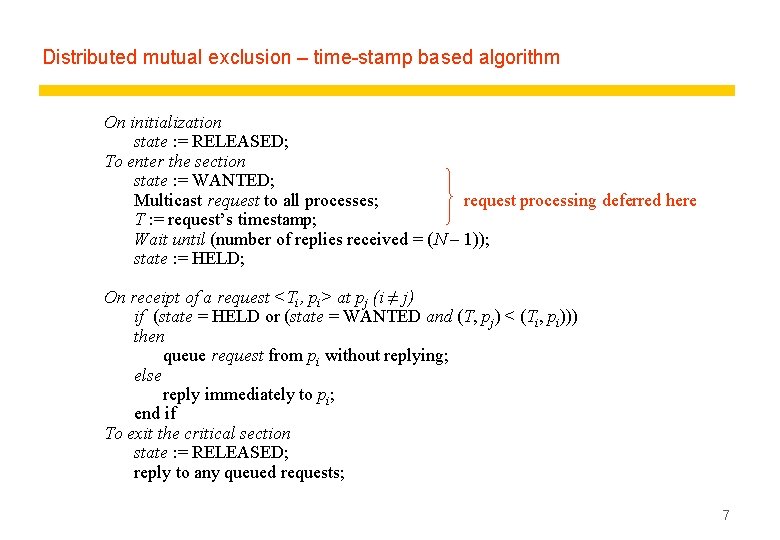 Distributed mutual exclusion – time-stamp based algorithm On initialization state : = RELEASED; To