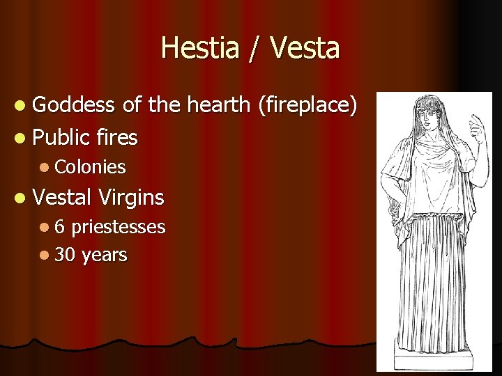 Hestia / Vesta l Goddess of the hearth (fireplace) l Public fires l Colonies