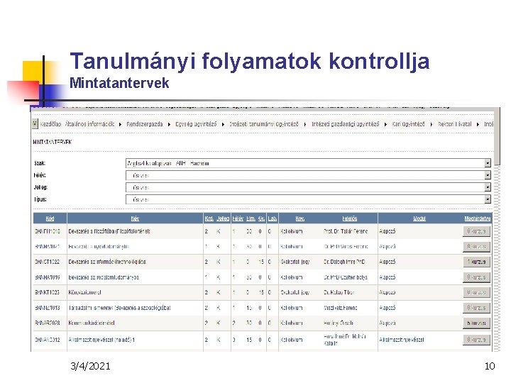 Tanulmányi folyamatok kontrollja Mintatantervek 3/4/2021 10 