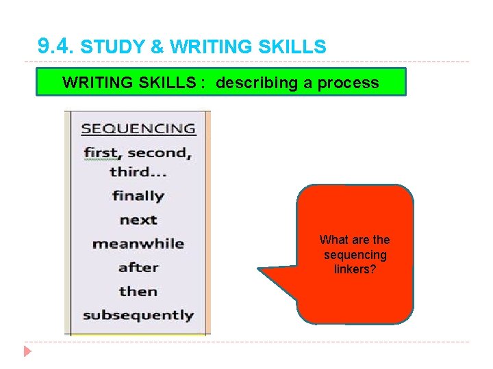 9. 4. STUDY & WRITING SKILLS : describing a process What are the sequencing