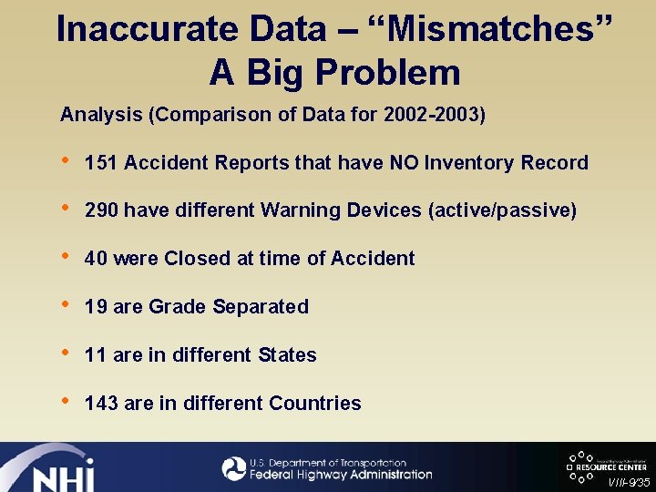 Inaccurate Data – “Mismatches” A Big Problem Analysis (Comparison of Data for 2002 -2003)