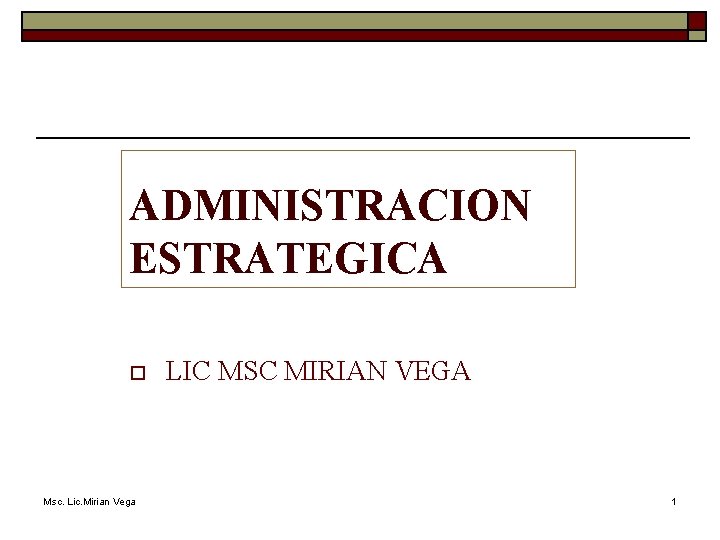 ADMINISTRACION ESTRATEGICA o Msc. Lic. Mirian Vega LIC MSC MIRIAN VEGA 1 