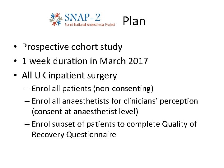 SNAP-2 Plan • Prospective cohort study • 1 week duration in March 2017 •