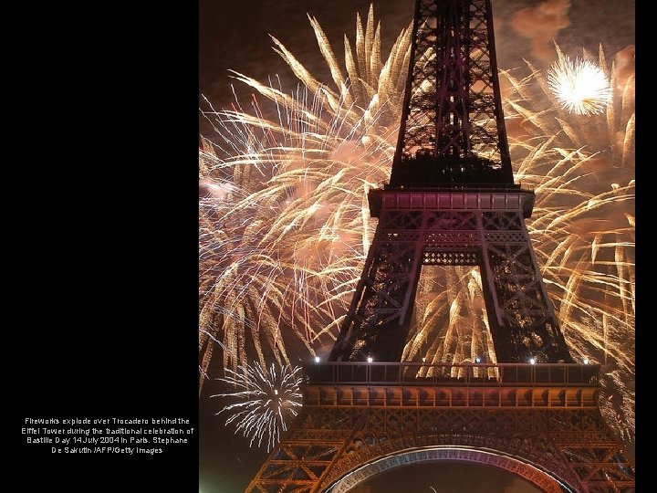 Fireworks explode over Trocadero behind the Eiffel Tower during the traditional celebration of Bastille