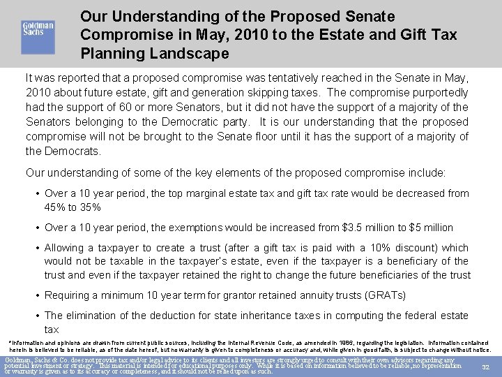 Our Understanding of the Proposed Senate Compromise in May, 2010 to the Estate and