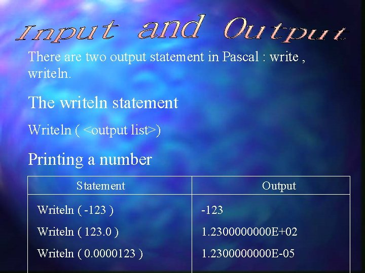 There are two output statement in Pascal : write , writeln. The writeln statement