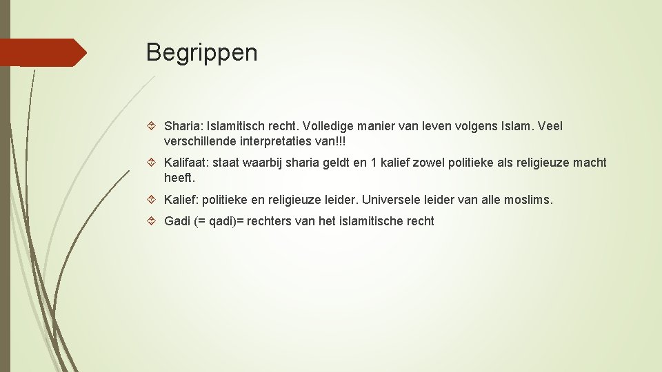 Begrippen Sharia: Islamitisch recht. Volledige manier van leven volgens Islam. Veel verschillende interpretaties van!!!