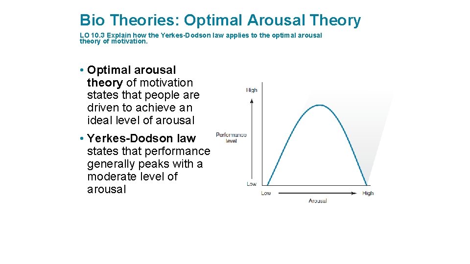 Bio Theories: Optimal Arousal Theory LO 10. 3 Explain how the Yerkes-Dodson law applies