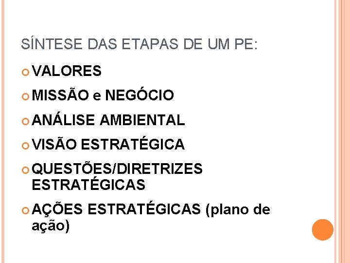 SÍNTESE DAS ETAPAS DE UM PE: VALORES MISSÃO e NEGÓCIO ANÁLISE AMBIENTAL VISÃO ESTRATÉGICA