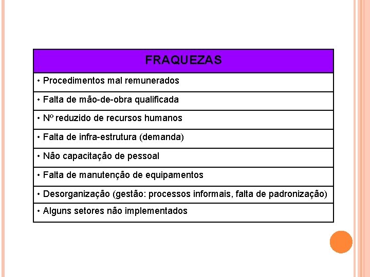 FRAQUEZAS • Procedimentos mal remunerados • Falta de mão-de-obra qualificada • Nº reduzido de