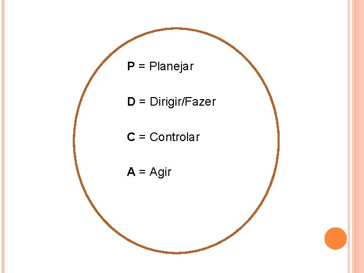 P = Planejar D = Dirigir/Fazer C = Controlar A = Agir 