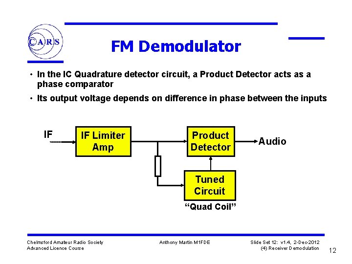 FM Demodulator • In the IC Quadrature detector circuit, a Product Detector acts as