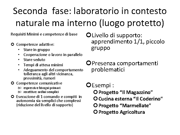 Seconda fase: laboratorio in contesto naturale ma interno (luogo protetto) Livello di supporto: apprendimento