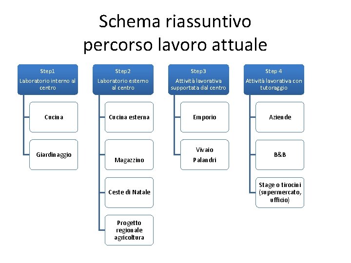 Schema riassuntivo percorso lavoro attuale Step 1 Laboratorio interno al centro Cucina Giardinaggio Step