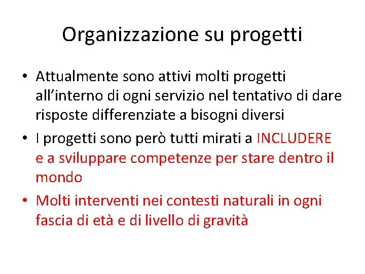 Organizzazione su progetti • Attualmente sono attivi molti progetti all’interno di ogni servizio nel