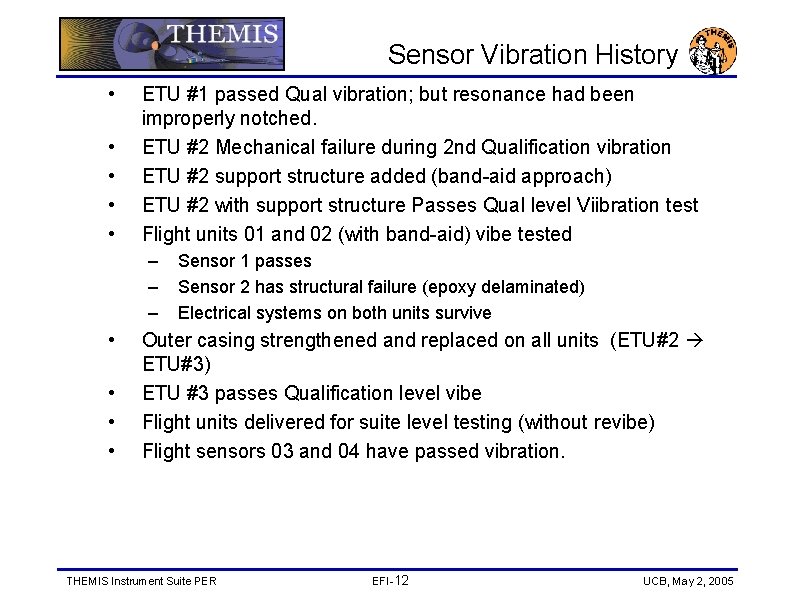 Sensor Vibration History • • • ETU #1 passed Qual vibration; but resonance had