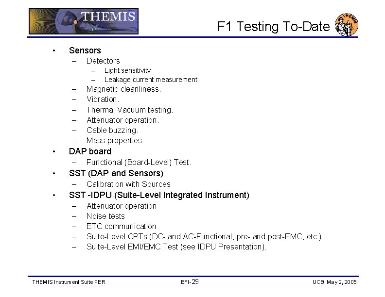 F 1 Testing To-Date • Sensors – Detectors – – – – • Functional