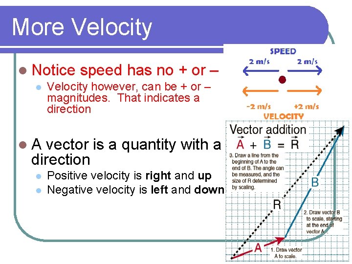 More Velocity l Notice l speed has no + or – Velocity however, can