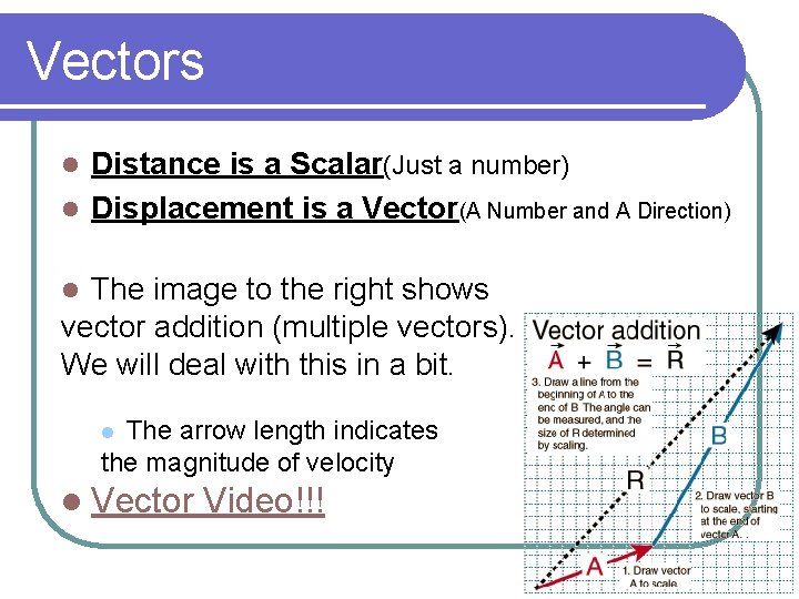 Vectors Distance is a Scalar(Just a number) l Displacement is a Vector(A Number and