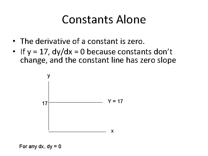 Constants Alone • The derivative of a constant is zero. • If y =