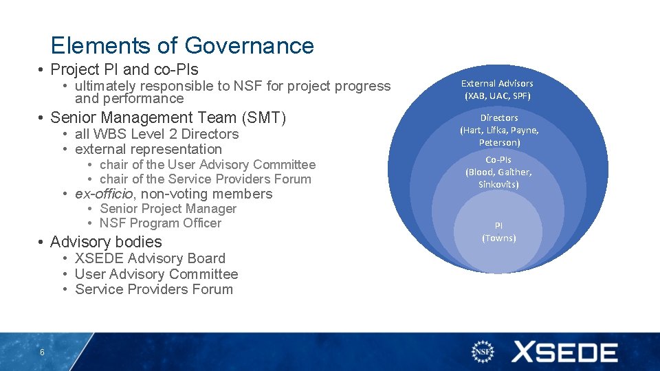 Elements of Governance • Project PI and co-PIs • ultimately responsible to NSF for