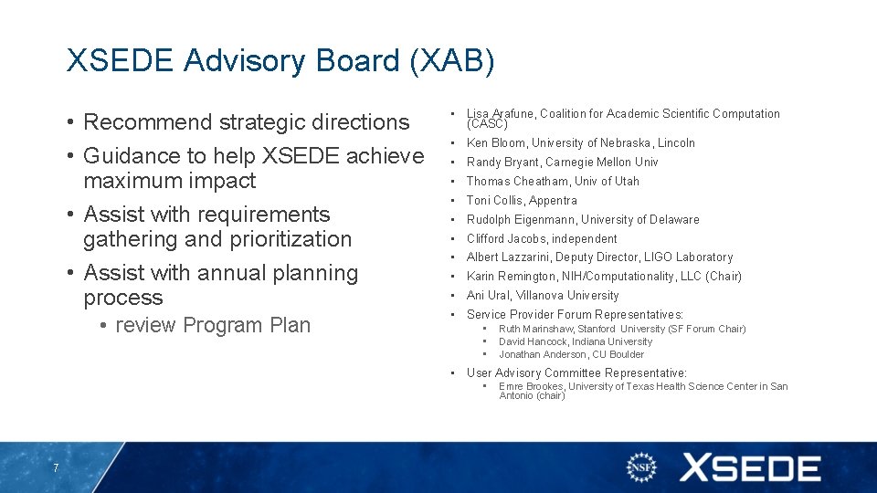 XSEDE Advisory Board (XAB) • Recommend strategic directions • Guidance to help XSEDE achieve