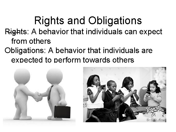 Rights and Obligations Rights: A behavior that individuals can expect from others Obligations: A