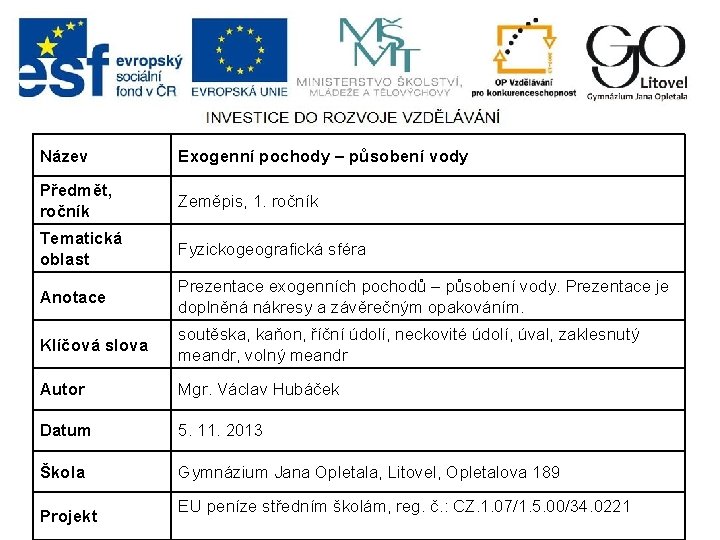 Název Exogenní pochody – působení vody Předmět, ročník Zeměpis, 1. ročník Tematická oblast Fyzickogeografická