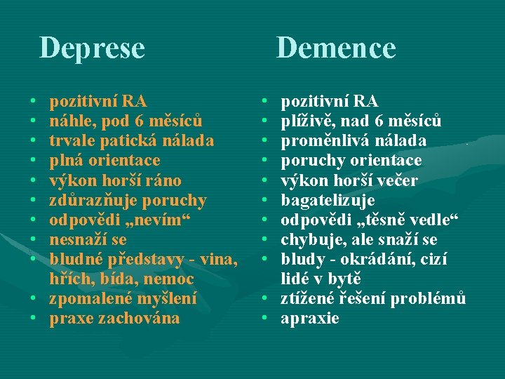 Deprese Demence • • • pozitivní RA náhle, pod 6 měsíců trvale patická nálada