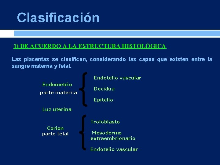 Clasificación 1) DE ACUERDO A LA ESTRUCTURA HISTOLÓGICA Las placentas se clasifican, considerando las
