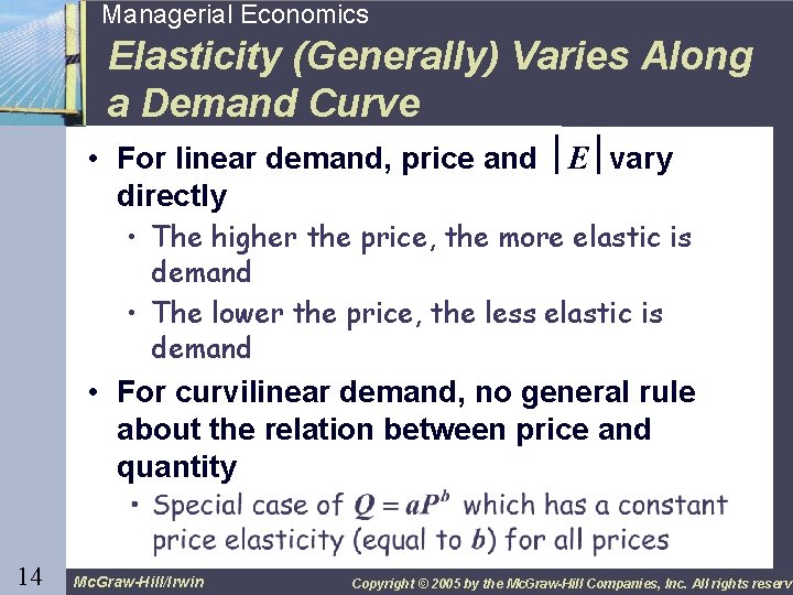 14 Managerial Economics Elasticity (Generally) Varies Along a Demand Curve • For linear demand,