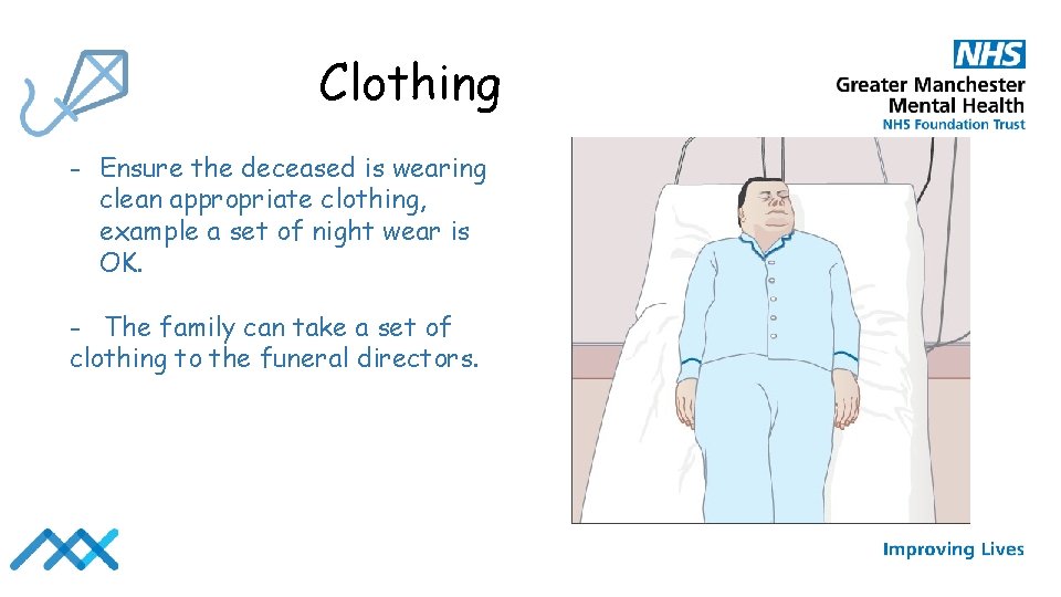 Clothing - Ensure the deceased is wearing clean appropriate clothing, example a set of