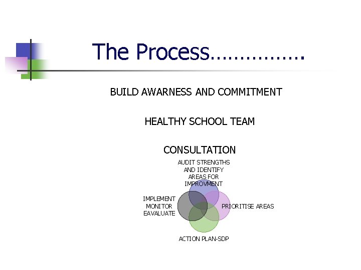 The Process……………. BUILD AWARNESS AND COMMITMENT HEALTHY SCHOOL TEAM CONSULTATION AUDIT STRENGTHS AND IDENTIFY