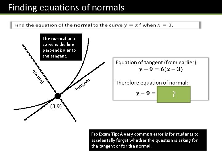 Finding equations of normals The normal to a curve is the line perpendicular to