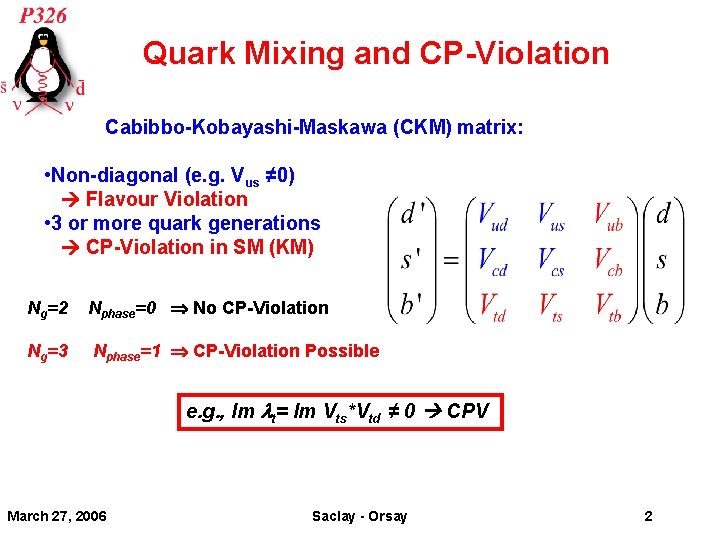 Quark Mixing and CP-Violation Cabibbo-Kobayashi-Maskawa (CKM) matrix: • Non-diagonal (e. g. Vus ≠ 0)